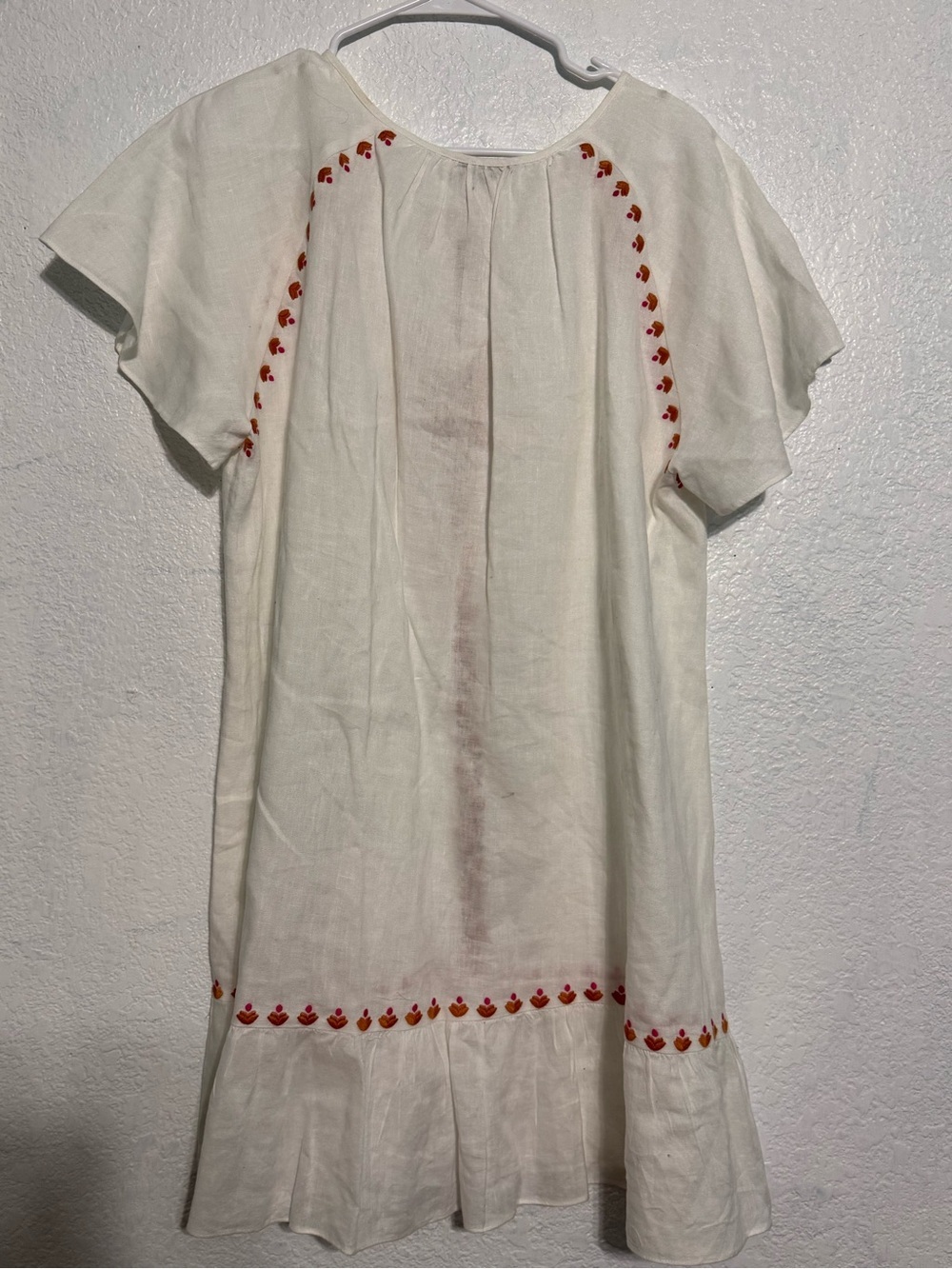 Madewell Embroidered Boho Shift Dress XL White Floral Short Sleeve Ruffle Hem - Picture 3 of 6